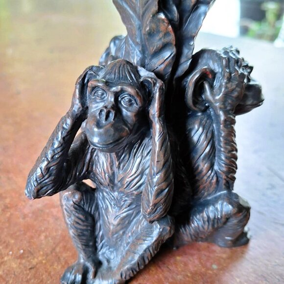 Unique 3 Monkeys Hear, Speak, See No Evil Under Palm Tree Pillar Candle Holder - Picture 4 of 7